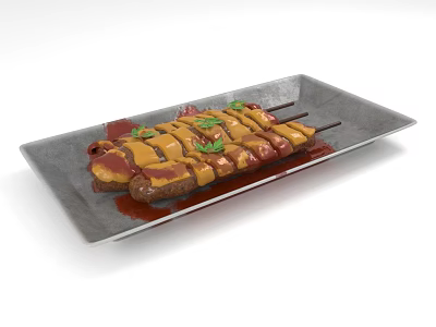 Delicious Grilled Skewers With Sauce And Green Herbs On Square Plate 3d model