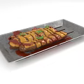 Delicious Grilled Skewers With Sauce And Green Herbs On Square Plate