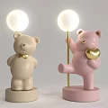 Adorable Bear Shaped Table Lamps with Beige Pink Bodies Gold Bow Tie Heart and White Bulbs