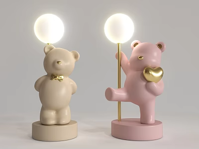 Adorable Bear Shaped Table Lamps with Beige Pink Bodies Gold Bow Tie Heart and White Bulbs 3d model