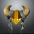 Fantasy Weapon Helmet Featuring Large Horns Metal Construction Gold Accents And Orange Lining