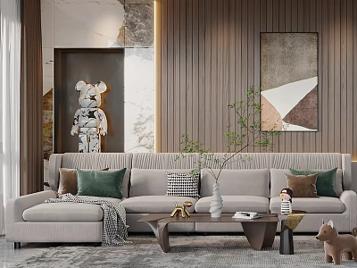 Modern Elegant Living Room Interior With Sofa Throw Pillows Coffee Table Decorative Painting Green Plant 3d model