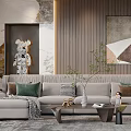 Modern Elegant Living Room Interior With Sofa Throw Pillows Coffee Table Decorative Painting Green Plant