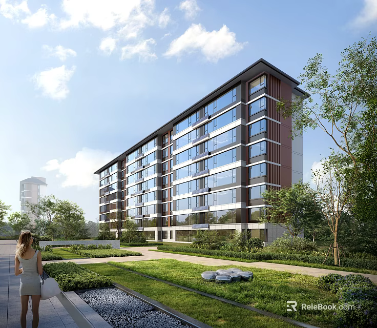 Modern Residential Building Exterior With Green Lawn Trees And Landscaped Garden 3d model 