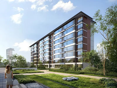 Modern Residential Building Exterior With Green Lawn Trees And Landscaped Garden 3d model