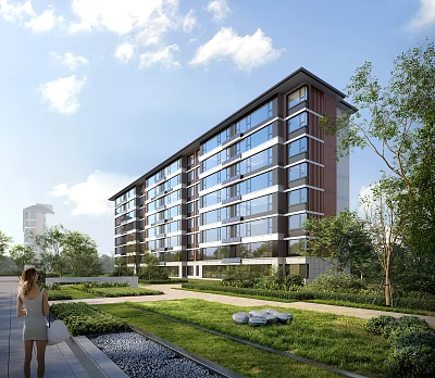 Modern Residential Building Exterior With Green Lawn Trees And Landscaped Garden 3d model