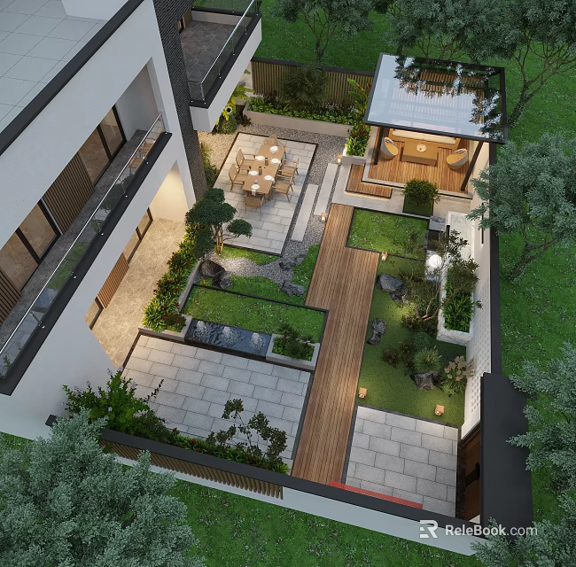 Modern Garden Landscape Design With Stone Pathways Green Plants Wooden Deck And Lighting 3d model 