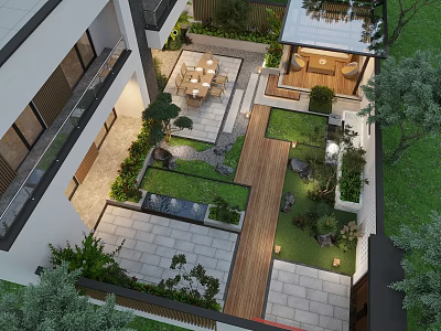 Modern Garden Landscape Design With Stone Pathways Green Plants Wooden Deck And Lighting 3d model