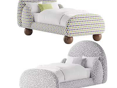Colorful Polka Dot and Gray Patterned Kids Bed with Wooden Legs and Pillows 3d model