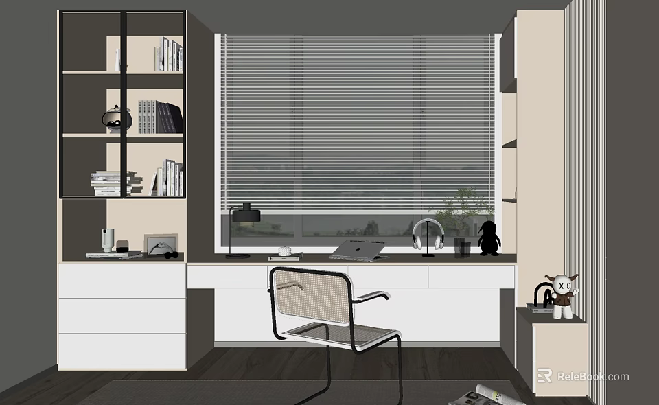 Modern Bookshelf In Home Office With Open Shelves Books Decor Desk Chair And Window Blinds 3d model 