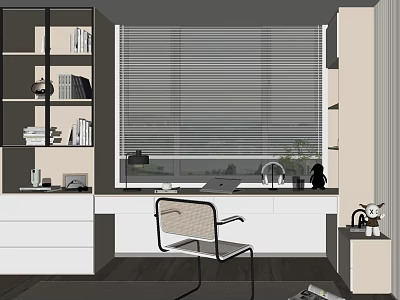 Modern Bookshelf In Home Office With Open Shelves Books Decor Desk Chair And Window Blinds 3d model
