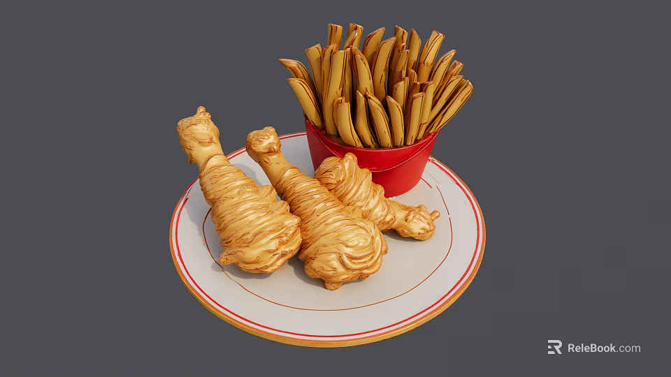 Crispy Fried Chicken Legs With French Fries In Red Bucket On Plate 3d model 