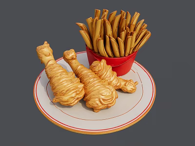 Crispy Fried Chicken Legs With French Fries In Red Bucket On Plate 3d model