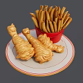 Crispy Fried Chicken Legs With French Fries In Red Bucket On Plate