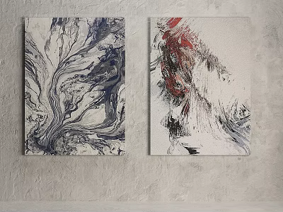 Two Abstract Paintings With Blue Black And Red Tones On Grey Wall 3d model