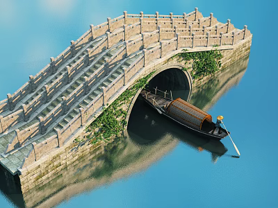 Stone Arch Bridge With Stone Steps And Boatman Rowing Under Archway Reflection on Calm Water 3d model