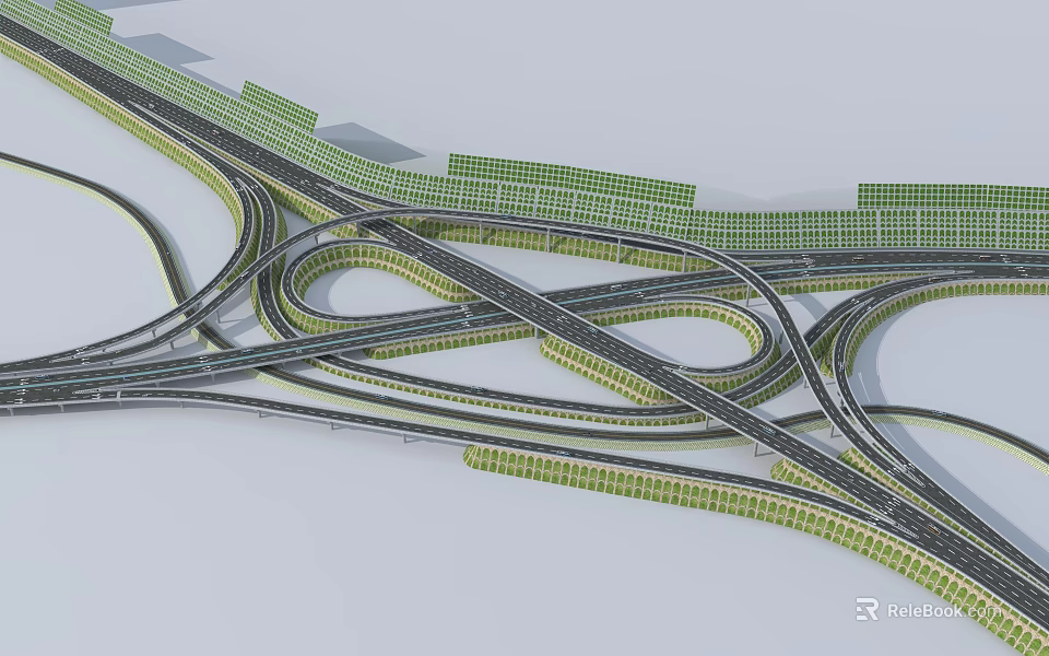 Complex Urban Road Interchange With Multiple Intertwined Lanes And Green Barriers 3d model 