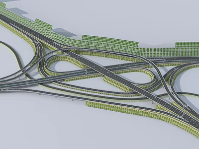 Complex Urban Road Interchange With Multiple Intertwined Lanes And Green Barriers 3d model