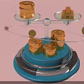 Gold Coins and Bars on Balance Scale with Euro Symbol Blue Base and Pink Background
