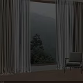 Light Beige Sheer Curtains With Window Greenery View Modern Chair Floor Lamp Wooden Herringbone Floor