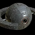 Spherical Metallic Space Station With Ring Structure And Illuminated Surface Details