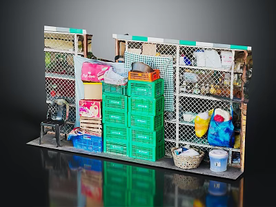 Organized Household Supplies Storage With Green Boxes Multiple Baskets Bags And Metal Shelves 3d model