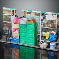 Organized Household Supplies Storage With Green Boxes Multiple Baskets Bags And Metal Shelves