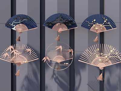 Fan Shaped Wall Decor with Blue and Gold Crane Bamboo Tree Branch and Tassel Design 3d model