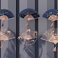 Fan Shaped Wall Decor with Blue and Gold Crane Bamboo Tree Branch and Tassel Design
