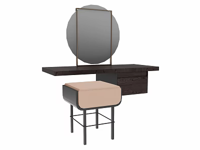 Modern Dark Wooden Dressing Table With Round Framed Mirror And Beige Cushioned Stool 3d model