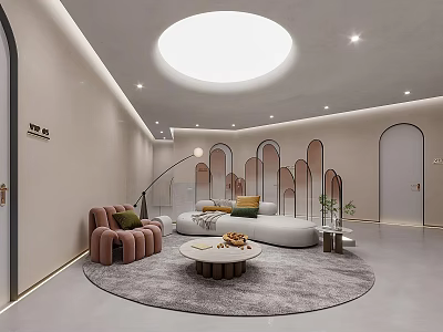 Elegant Modern Beauty Hair Salon Interior with Round Skylight Curved Sofa Pink Chairs Green Plants 3d model