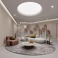 Elegant Modern Beauty Hair Salon Interior with Round Skylight Curved Sofa Pink Chairs Green Plants