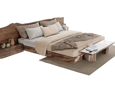 Double Bed with Wooden Headboard and Neutral Tones Bedding Plus Side Table and Rug 3d model