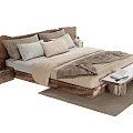 Double Bed with Wooden Headboard and Neutral Tones Bedding Plus Side Table and Rug
