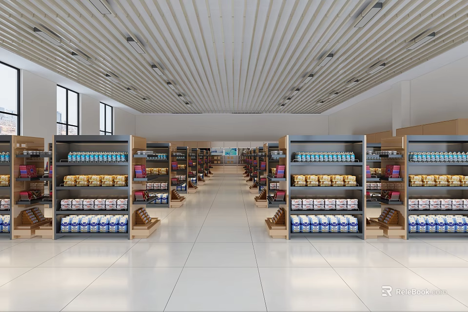 Supermarket Interior With Neat Shelves Stocked With Daily Essentials Wide Aisles And Bright Lighting 3d model 