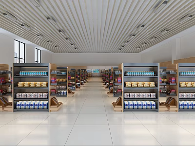Supermarket Interior With Neat Shelves Stocked With Daily Essentials Wide Aisles And Bright Lighting 3d model