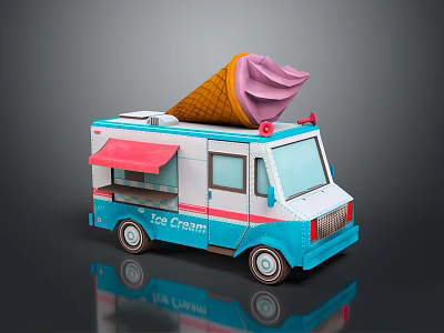 Blue Ice Cream Truck With Red Awning And Large Cone On Top 3d model