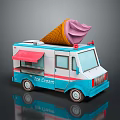 Blue Ice Cream Truck With Red Awning And Large Cone On Top