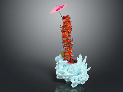 Cartoon Style Red Pagoda Tower With Pink Umbrella On Blue Wave Base 3d model