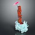 Cartoon Style Red Pagoda Tower With Pink Umbrella On Blue Wave Base