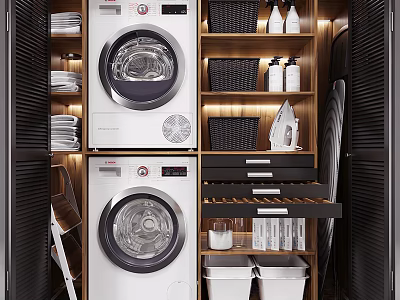 Washing Machines in Modern Laundry Room with Wooden Cabinets Black Baskets and Ironing Supplies 3d model