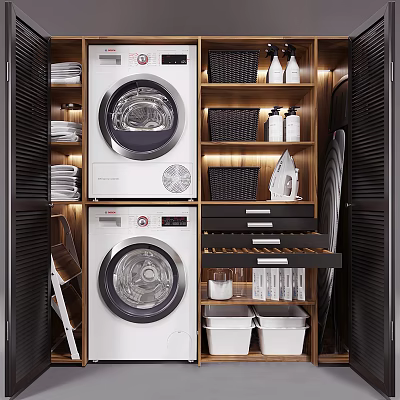 Washing Machines in Modern Laundry Room with Wooden Cabinets Black Baskets and Ironing Supplies 3d model
