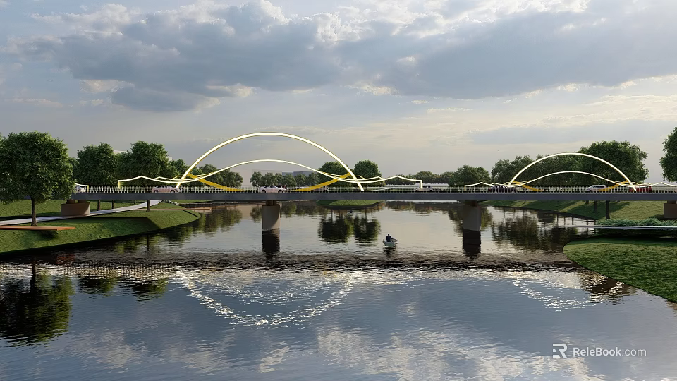 Scenic Arched Bridge Over Water With Reflection Green Trees And Cloudy Sky 3d model 