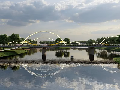 Scenic Arched Bridge Over Water With Reflection Green Trees And Cloudy Sky 3d model