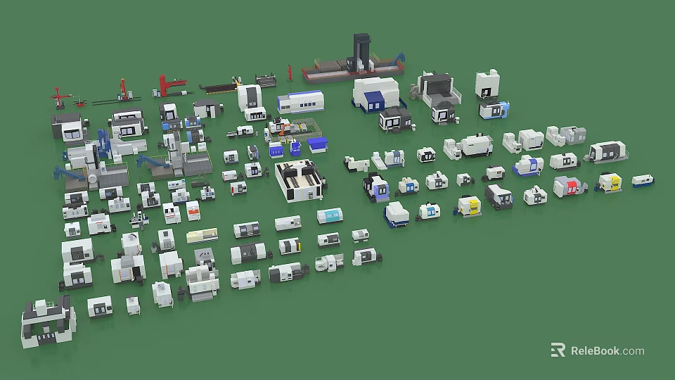 Industrial Equipment with Various Types Different Styles and Multiple Colors on Green Background 3d model 