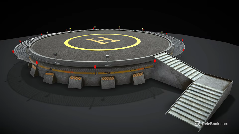 Circular Helipad Structure With Yellow H Symbol Red Lights Stairs And Concrete Base 3d model 