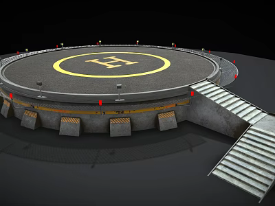 Circular Helipad Structure With Yellow H Symbol Red Lights Stairs And Concrete Base 3d model