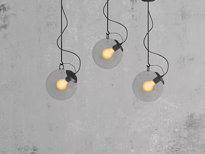 Three Circular Pendant Lights With Glass Shades And Warm Glowing Bulbs On Gray Textured Wall 3d model