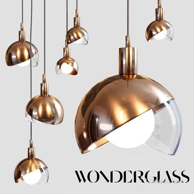 Modern Copper Pendant Lights with Hemisphere Design Transparent Shade and Spherical Bulb 3d model 