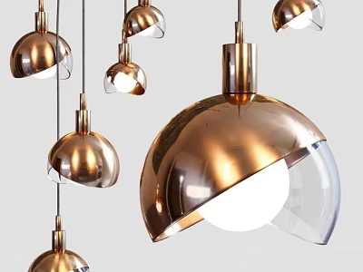 Modern Copper Pendant Lights with Hemisphere Design Transparent Shade and Spherical Bulb 3d model
